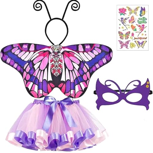 Schmetterling Kostüm Kinder,Fasching Kostüm Mädchen,Schmetterlingsflügel mit Tutu Rock,Haarreif,Maske Tattoos Schmetterling,Schmetterling Umhang Kostüm für Mädchen Karneval Fasching Halloween Cosplay von JOKILY