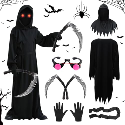 Sensenmann Kostüm,Halloween Kostüm Herren,120CM Halloween Kostüm Set mit Maske,Gesichtsmaske,Sichel und Handschuhe, Halloween Sensenmann Herren Set für Jungen Mädchen Halloween Dress Up Party Cosplay von JOKILY