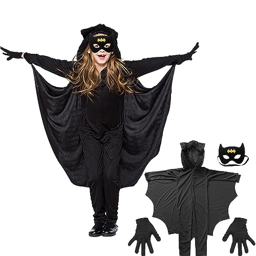 Halloween Fledermaus Kostüm Kinder, Halloween Maske, Fledermauskostüm Vampir Mädchen Junge, Halloween Handschuhe für Kinder 3-13 Jahre Halloween, Fasching, Karneval(L) von JOKSNK