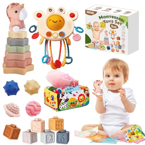 JOKSNK Montessori Spielugb Baby 1 von 5, Geschenk für Babys, Xylophon, gestapelter Turm, Holzspielzeug, Tissue-Boxen, gestapelte Spielzeug, Squeeze Bälle, Jungen und Mädchen von 6-12 Monaten von JOKSNK