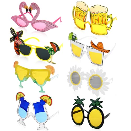 JOLIGAEA 8 Stück Hawaiian Tropical Partybrillen Set, Neuheit Party Brille Rahmen, Strandparty Sonnenbrillen, Lustige Sonnenbrille, Party Zubehör, Kindergeburtstag Gastgeschenke, Foto Requisiten von JOLIGAEA