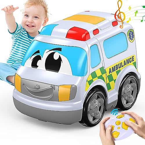 JOLLY FUN Ferngesteuertes Auto ab 2 3 4 5 Jahre,19CM Krankenwagen Spielzeugauto mit Fernbedienung,Cartoon RC Auto Weihnachten Geschenk für Junge Mädchen von JOLLY FUN