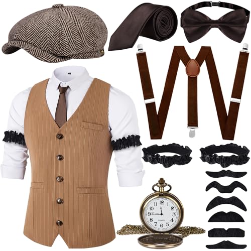 JONRRYIN 20er Jahre Herren Accessoires, 1920er Mafia Kostüm Herren Set, 1920er Herren Kostüm Zubehör mit Westen & Verschiedenen Accessoires für Halloween, Karneval Kostüm (Braun, L) von JONRRYIN