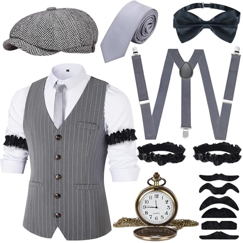 JONRRYIN 20er Jahre Herren Accessoires, 1920er Mafia Kostüm Herren Set, 1920er Herren Kostüm Zubehör mit Westen & Verschiedenen Accessoires für Halloween, Karneval Kostüm (Grau, L) von JONRRYIN