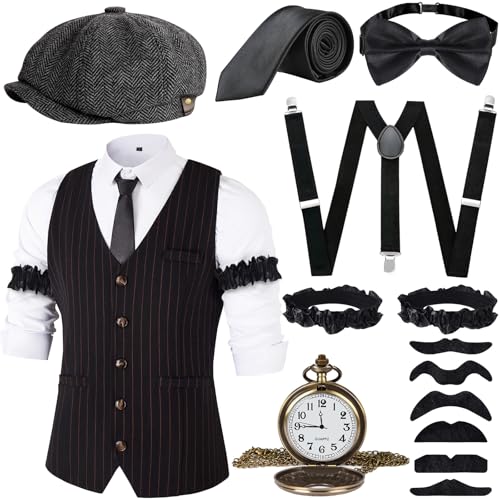 JONRRYIN 20er Jahre Herren Accessoires, 1920er Mafia Kostüm Herren Set, 1920er Herren Kostüm Zubehör mit Westen & Verschiedenen Accessoires für Halloween, Karneval Kostüm (Schwarz, L) von JONRRYIN