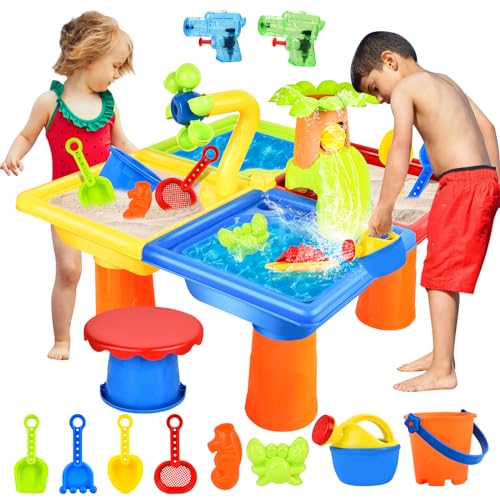 JONRRYIN 4 IN 1 Sand Wasserspieltisch, 27 PCS Wassertisch Strandspielzeug, Matschtisch Strandtisch Kinder, Sandkastentisch für Kinder, Wasser Outdoor Aktivität Sommer Sand Spielzeug Mädchen Junge von JONRRYIN