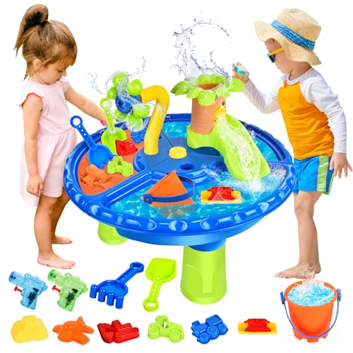 JONRRYIN 4 IN 1 Sand Wasserspieltisch, 27 PCS Wassertisch Strandspielzeug, Matschtisch Strandtisch Kinder, Sandkastentisch für Kinder, Wasser Outdoor Aktivität Sommer Sand Spielzeug Mädchen Junge von JONRRYIN