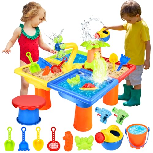 JONRRYIN 4 IN 1 Sand Wasserspieltisch, Wassertisch Strandspielzeug, Matschtisch Strandtisch für Kinder, Sandkastentisch Kinder, Wasser Outdoor Aktivität Sommer Sand Spielzeug für Mädchen Junge von JONRRYIN