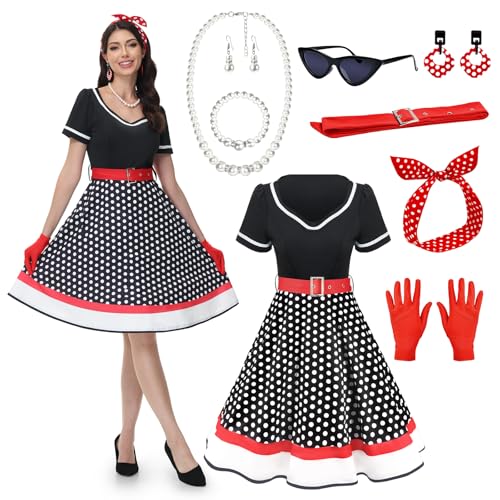 JONRRYIN 50er Jahre Kostüm Damen, 9 Stück Rockabilly Accessoires Damen mit Katzen Auge Brille Ohrringe Stirnband Halskette Handschuhe, Rockabilly Kostüm Damen für Motoparty Retro Party (Schwarz1, XL) von JONRRYIN