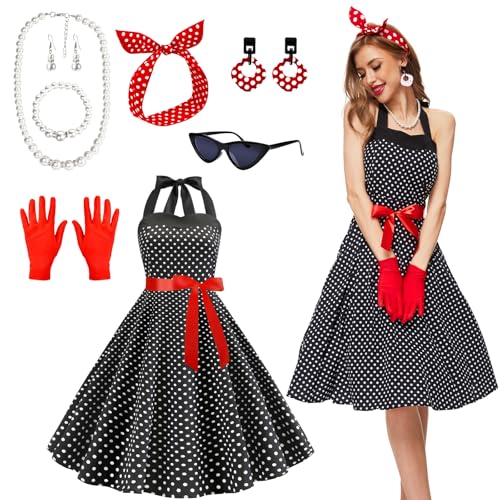 JONRRYIN 50er Jahre Kostüm Damen, 9 Stück Rockabilly Accessoires Damen mit Katzen Auge Brille Ohrringe Stirnband Halskette Handschuhe, Rockabilly Kostüm Damen für Motoparty Retro Party von JONRRYIN