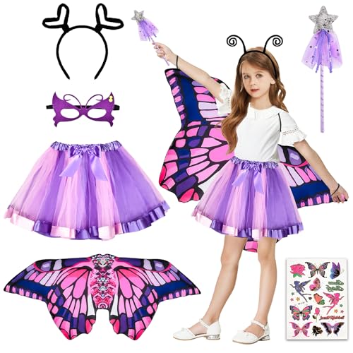 JONRRYIN 6 Stück Schmetterling Kostüm Kinder,Schmetterlingsflügel Kinder, Schmetterling Umhang mit Tutu Rock Maske Tattoos Haarband Feenstab, Schmetterling Kostüm Kinder Karneval Cosplay (Lila) von JONRRYIN