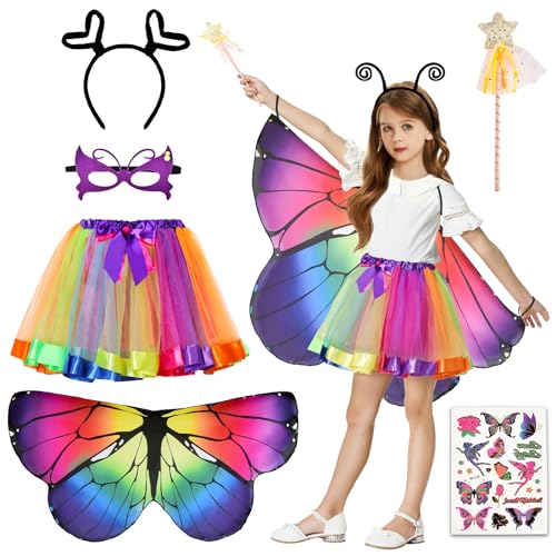 JONRRYIN 6 Stück Kostüm Schmetterling Kinder, Schmetterlingsflügel mit Tutu Rock Haarreif Maske Tüllrock Tattoos, Schmetterling Umhang Kostüm für Mädchen Karneval Fasching Cosplay (Bunt) von JONRRYIN