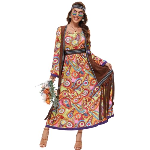 JONRRYIN 60er Jahre Kostüm Damen, Hippie Kleidung Damen Kostüm, 70er Disco Halloween Outfits, Hippie Damen Kleid Set für Karneval Party, 60er Jahre Bekleidung Accessoires (XL) von JONRRYIN