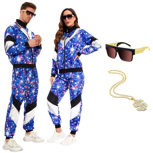 JONRRYIN 80s 90s Outfit Herren Damen, Kostüm 80s Tracksuit Disco Jacke und Hose, 80s 90s Retro Anzug Jogging Anzug Unisex mit Halsketten Brille für Bad Taste Party, Karneval (2XL) von JONRRYIN