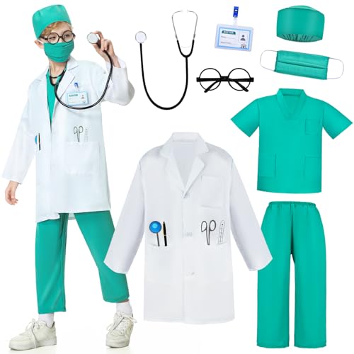 JONRRYIN Arzt Kostüme Kinder, Arztkittel Kinder, Kostüm Chirurg Kinder mit Doktor Rollenspiel Zubehör, Doctor Fancy Dress Up Spielsets Fasching Geschenke für Kinder 3 4 5 6 7 8 9 10 Jahre-110 von JONRRYIN