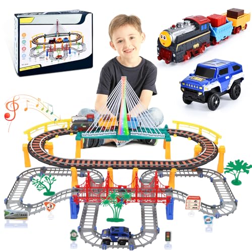 JONRRYIN Kinder Eisenbahnschiene Zug Spielzeug Set, Autorennbahn Spielzeug mit Zug&Autobahnautos, für Kinder 5 6 7 8 10+Jahre Geschenk (102 Stück) von JONRRYIN