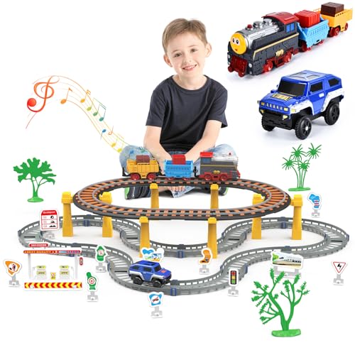 JONRRYIN Kinder Eisenbahnschiene Zug Spielzeug Set, Autorennbahn Spielzeug mit Zug&Autobahnautos, für Kinder 5 6 7 8 10+Jahre Geschenk (67 Stück) von JONRRYIN