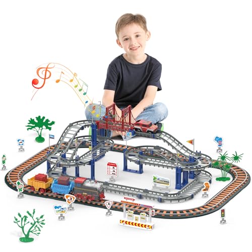 JONRRYIN Kinder Eisenbahnschiene Zug Spielzeug Set, Autorennbahn Spielzeug mit Zug&Autobahnautos, für Kinder 5 6 7 8 10+Jahre Geschenk (84 Stück) von JONRRYIN