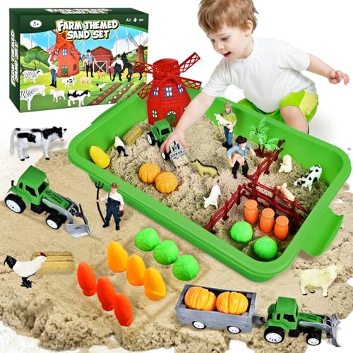 JONRRYIN Bauernhof Spielsand Sandspielzeug, Spielsand für Kinder, Sensorisch Sandspielzeug mit 10 Dinosauriermodellen, 6 Tier, Bauernhof Spielzeug für Jungen Mädchen 3 4 5 6 7 8 Jahre von JONRRYIN