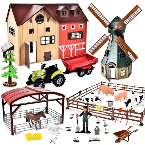 JONRRYIN Bauernhof Spielzeug Kinder, Bauernhof Figuren Spielset, Tierfiguren Set, Bauernhof Tiere Spielzeug mit Windmühle Haus Zaun Pferd Fahrzeuge Landwirt für 3-7 Jahre Kleinkinder Jungen Mädchen von JONRRYIN