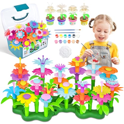 JONRRYIN Blumengarten Spielzeug ab 3 Jahre Mädchen, DIY Bouquet Sets mit Aufbewahrungskiste, Flower Garden Building Toy Set, Blumen Steckspiel, Blume Garten Gebäude Spielzeug (Reis-Weiß-130PCS) von JONRRYIN