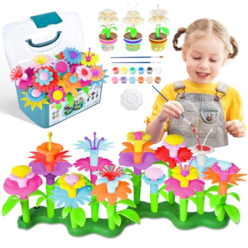 JONRRYIN Blumengarten Spielzeug ab 3 Jahre Mädchen, DIY Bouquet Sets mit Aufbewahrungskiste, Flower Garden Building Toy Set, Blumen Steckspiel, Blume Garten Gebäude Spielzeug (Reis-Weiß-61PCS) von JONRRYIN