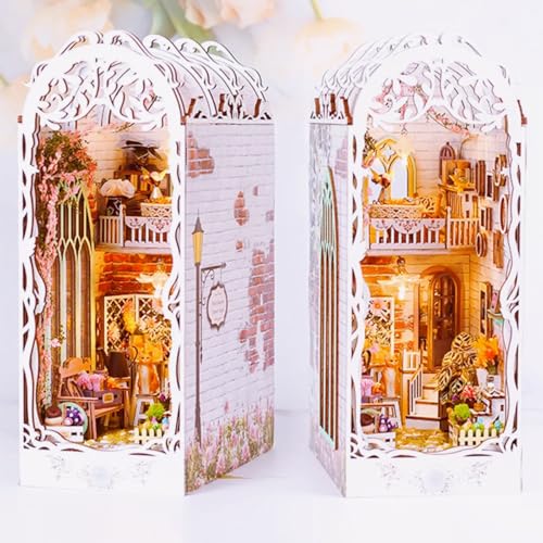 JONRRYIN Book Nook Kit, DIY Miniature House, Sunshine Town Book Nook, DIY Puppenhaus Holz Hauswith LED Light, Diorama Modelbau für Erwachsene Teens 14 Jahre+ Kreatives Geschenk(Blumenhaus) von JONRRYIN