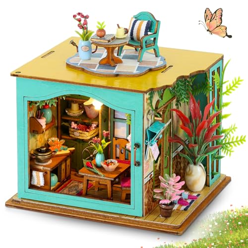 JONRRYIN Book Nook Miniatur Haus Set, DIY Miniature House, 3D Miniatur Puppenhaus Holz, Miniatur Haus Garten mit Möbeln und LED Leuchten für Hausdekoration Kreative Geschenken (Küchenhütte) von JONRRYIN