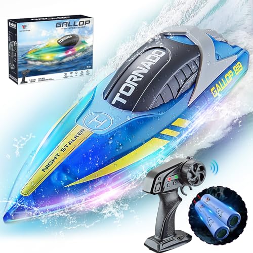 JONRRYIN Ferngesteuertes Boot, RC Boot mit LED-Licht für Pools und Seen, 2,4 GHz Ferngesteuerte Boote RC Rennboot, Speedboot Poolspielzeug für Kinder und Erwachsene (Blue) von JONRRYIN