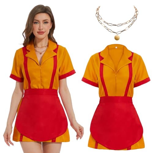 JONRRYIN Caroline & Max Kostüm, 2 Broke Girls Kostüm für Erwachsene, Waitress Costume mit Schürze Halsketten, Red Yellow Bankrott Schwestern Kleid für Damen Geburtstage Karneval Cosplay (XL) von JONRRYIN