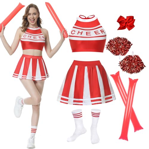 JONRRYIN Cheerleader Kostüm Damen, Cheerleading Uniform, Cheerleader Outfit Damen mit Cheerleader Pompons, Cheer Sticks, Ärmellos Crop Top und Minirock, High School Cheerleader (Rot, M) von JONRRYIN