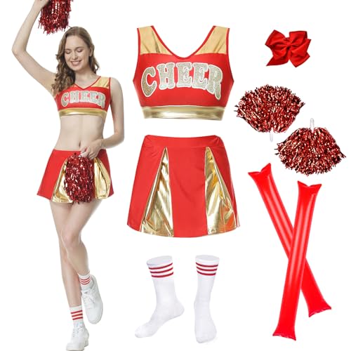 JONRRYIN Cheerleader Kostüm Damen, Cheerleading Uniform, Cheerleader Outfit Damen mit Cheerleader Pompons, Cheer Sticks, Ärmellos Crop Top und Minirock, High School Cheerleader (Rot + Gold, S) von JONRRYIN