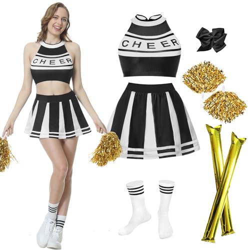 JONRRYIN Cheerleader Kostüm Damen, Cheerleading Uniform, Cheerleader Outfit Damen mit Cheerleader Pompons, Cheer Sticks, Ärmellos Crop Top und Minirock, High School Cheerleader (Schwarz, S) von JONRRYIN