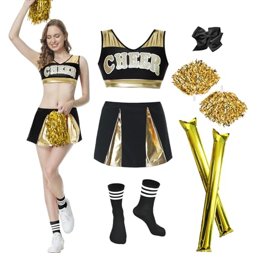 JONRRYIN Cheerleader Kostüm Damen, Cheerleading Uniform, Cheerleader Outfit Damen mit Cheerleader Pompons, Cheer Sticks, Ärmellos Crop Top und Minirock, High School Cheerleader (Schwarz + Gold, M) von JONRRYIN