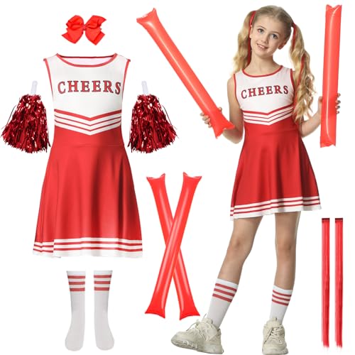 JONRRYIN Cheerleader Kostüm Kinder, Cheerleadering Outfit Mädchen, Cheerleading Uniform Kleid mit Pompoms, Socken und Kopfschmuck, Schulkind Cheer Kostüm Outfit für Karneval Halloween (Rosa, 150cm) von JONRRYIN