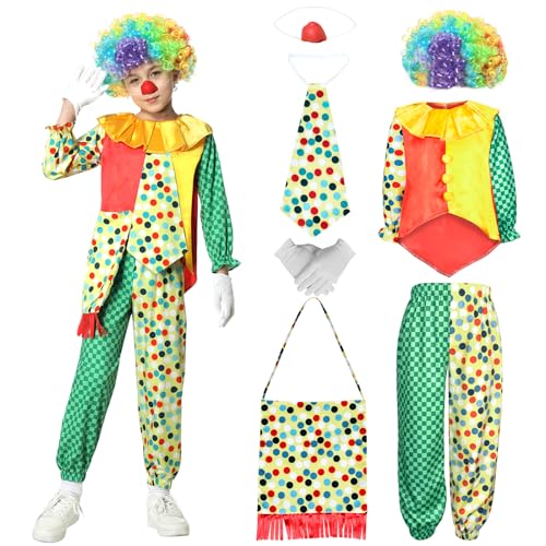 JONRRYIN Clown Kostüm Kinder Set, Clown Kostümzubehör Clown Kleidung Clown Perücke, Clown Kostüm für Zirkus Requisiten, Clown Nase, Clowntasche, Karneval Kostüm Cosplay -XL von JONRRYIN