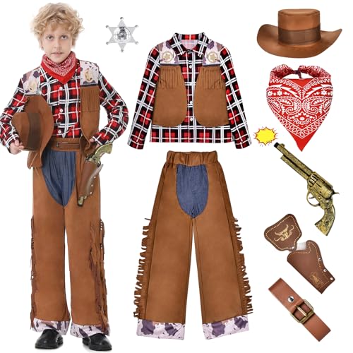 JONRRYIN Cowboy Kostüm Kinder Jungen, Western Cowboy Set Kinder mit Cowboy Spielzeug Zubehör, Faschingskostüme Kinder Jungen Cowboy für Karneval Cosplay Halloween Party Dress Up (L) von JONRRYIN