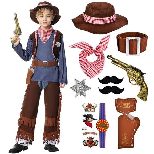 JONRRYIN Cowboy Kostüm Kinder, Western Cowboy Kostüm Set Jungen, Cowboy Kostüm Zubehör mit Cowboy Hemd Hut Halstuch Pistole für Kinder Jungen Karneval Cosplay Faschingskostüme (L) von JONRRYIN