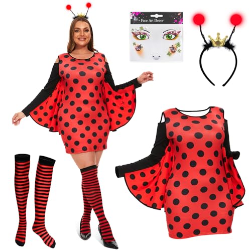 JONRRYIN Damen Marienkäfer Kostüm Karneval, Marienkäfer Damenbekleidung, Gestreifte Strümpfe, Haarbänder, Aufkleber, Cosplay Marienkäfer Damenkleid für Erwachsene Fasching (Marienkäfer, XL) von JONRRYIN