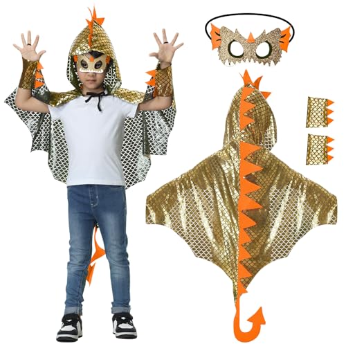 JONRRYIN Dinosaurier Kostüm Umhang Kinder, Dinosaurier Kostüm, Dinokostüm Kapuzenumhang, Dinosaurier Cosplay Umhang mit Dinosaurier Maske Karneval Weihnachtskostüme für Jungen Mädchen (Gold) von JONRRYIN