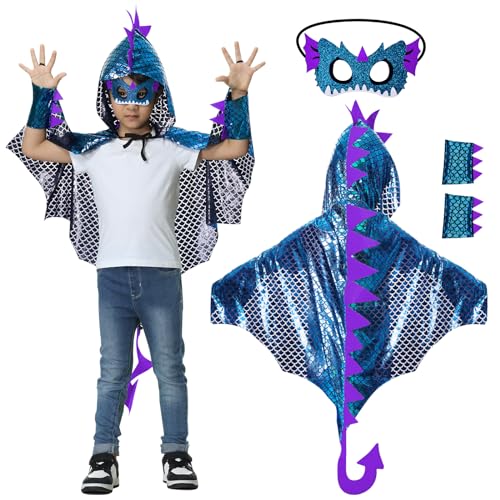 JONRRYIN Dinosaurier Kostüm Umhang Kinder, Dinokostüm Kapuzenumhang, Dinosaurier Cosplay Umhang mit Maske, Karneval Weihnachtskostüme für Jungen Mädchen (Blau) von JONRRYIN