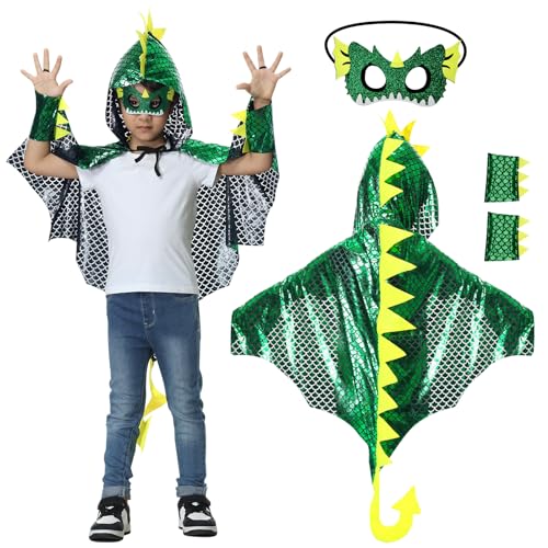 JONRRYIN Dinosaurier Kostüm Umhang Kinder, Dinosaurier Kostüm, Dinokostüm Kapuzenumhang, Dinosaurier Cosplay Umhang mit Dinosaurier Maske Karneval Weihnachtskostüme für Jungen Mädchen (Grün), 4209 von JONRRYIN