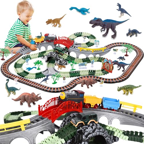 JONRRYIN Eisenbahn Kinder Elektrisch, 259 Stück Dinosaurier Elektrische Zug, Kinder Eisenbahnschiene Spielzeug mit Zug und Autobahnautos, Autorennbahn Dino Eisenbahn Set für Kinder ab 2-7 Jahren von JONRRYIN