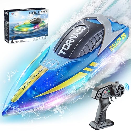 JONRRYIN Ferngesteuertes Boot, RC Boot mit LED-Licht für Pools und Seen, 2,4 GHz Ferngesteuerte Boote RC Rennboot, Speedboot Poolspielzeug für Kinder und Erwachsene (Blue) von JONRRYIN