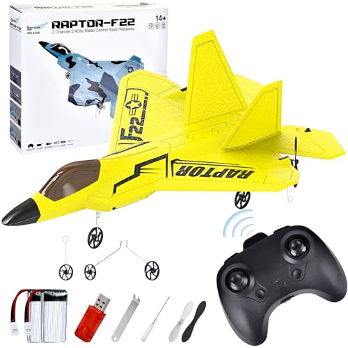 JONRRYIN Ferngesteuertes Flugzeug,F-22 RC Flugzeug,Schaumstoff Flugzeug Ferngesteuert Leicht mit LED-Licht,Flugzeug Spielzeug für Kinder und Anfänger Geeignet (Gelb) von JONRRYIN