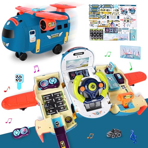 JONRRYIN Flugzeug Spielzeug Auto Set ab 3 Jahre, 3 in 1 Lenkrad Kinder mit Licht, Sounds Sparschwein, Airplane Jungen Spielzeug Geschenke für 2 3 4 5 6 Jahren, Blau von JONRRYIN