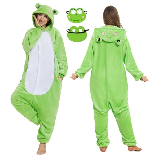 JONRRYIN Frosch Schlafanzug Tierkostüme Erwachsene, Pyjamas Jumpsuit Tiere Onesie Damen Herren, Schlafanzug Einteiler Lustig Cosplay Fasching Karneval von JONRRYIN