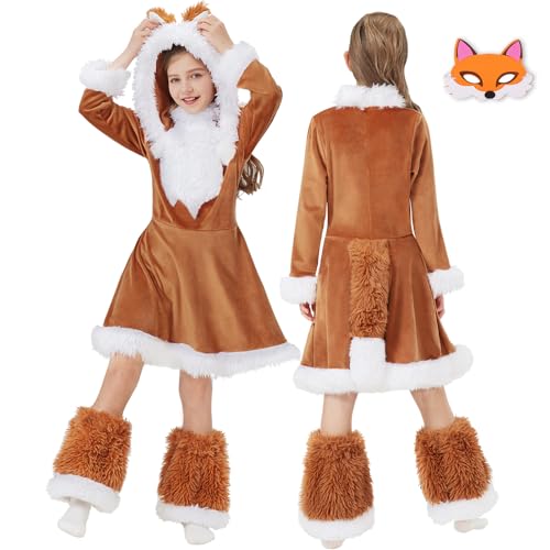 JONRRYIN Fuchs Kostüm für Kinder, Fuchs Tier Kleid Accessoires mit Hut und Schwanz, Dschungel Fuchs Eichhörnchen Kostüm Set für Mädchen 4-12 Jahre Karneval, Halloween, Cosplay (L) von JONRRYIN