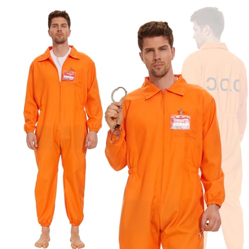 JONRRYIN Häftling Kostüm Herren, Orange Sträfling Kostüm mit Namensschild, Herren Gefangener Kostüm, Orange Overall Prisoner Costume Herren Damen Cosplay Mottoparty Karneval (L) von JONRRYIN