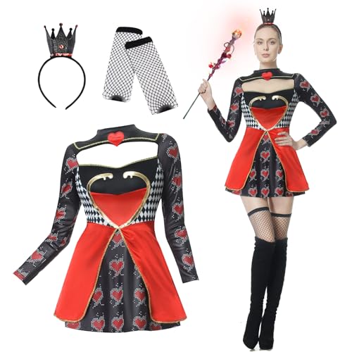 JONRRYIN Herzkönigin Kostüm Damen, Karneval Königin Kostüm Damen, Herzdame kostüm mit Kleid, Krone und Socken für Erwachsener Fasching Cosplay Partykostüm (Herzkönigin-A, L) von JONRRYIN